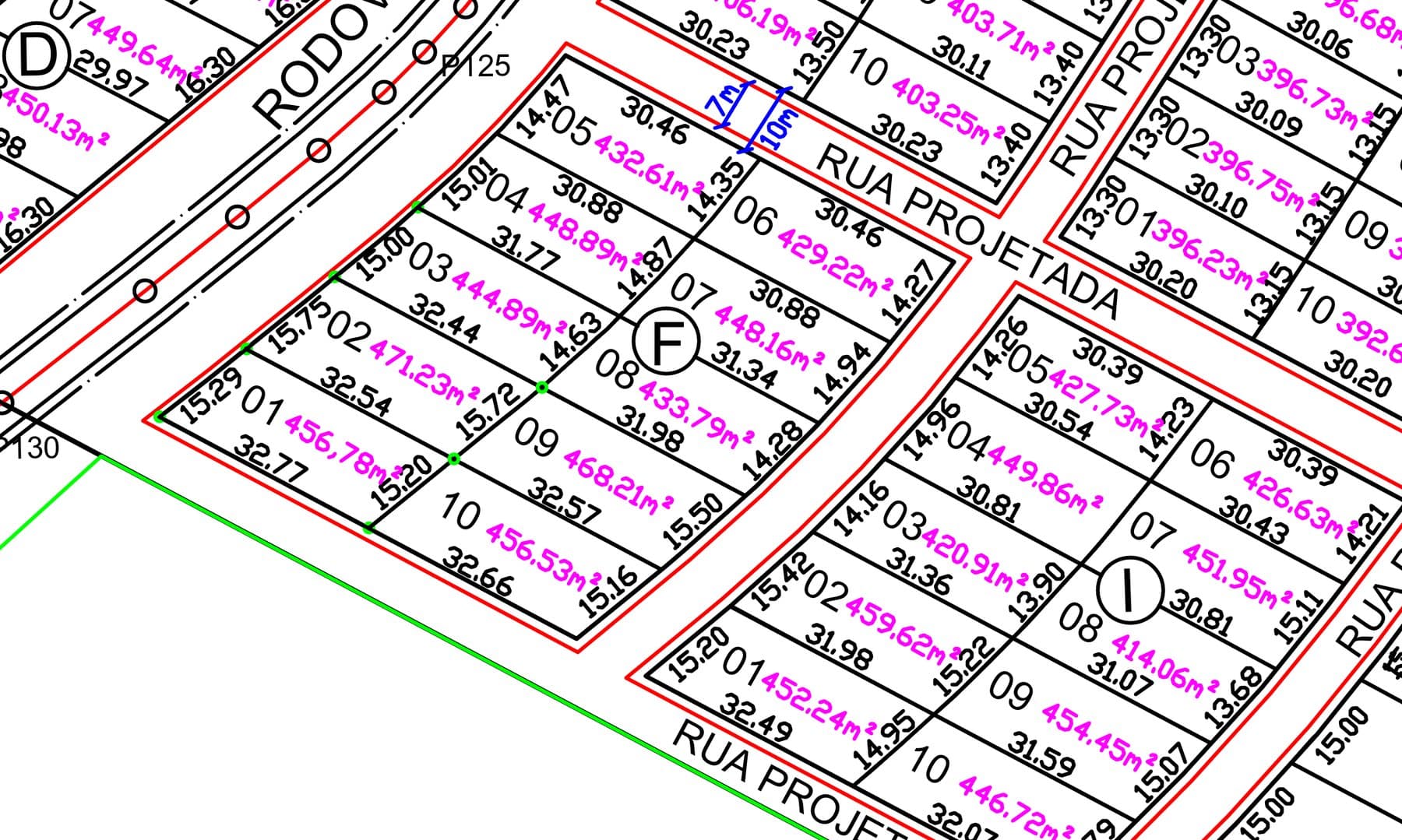 Planta técnica da Quadra F, com a localização do Lote 3