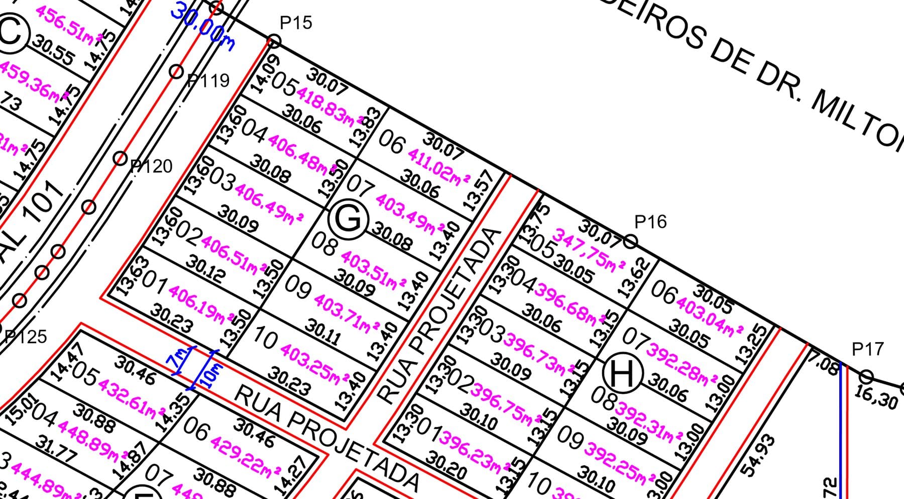 Planta técnica da Quadra G, com a localização do Lote 3