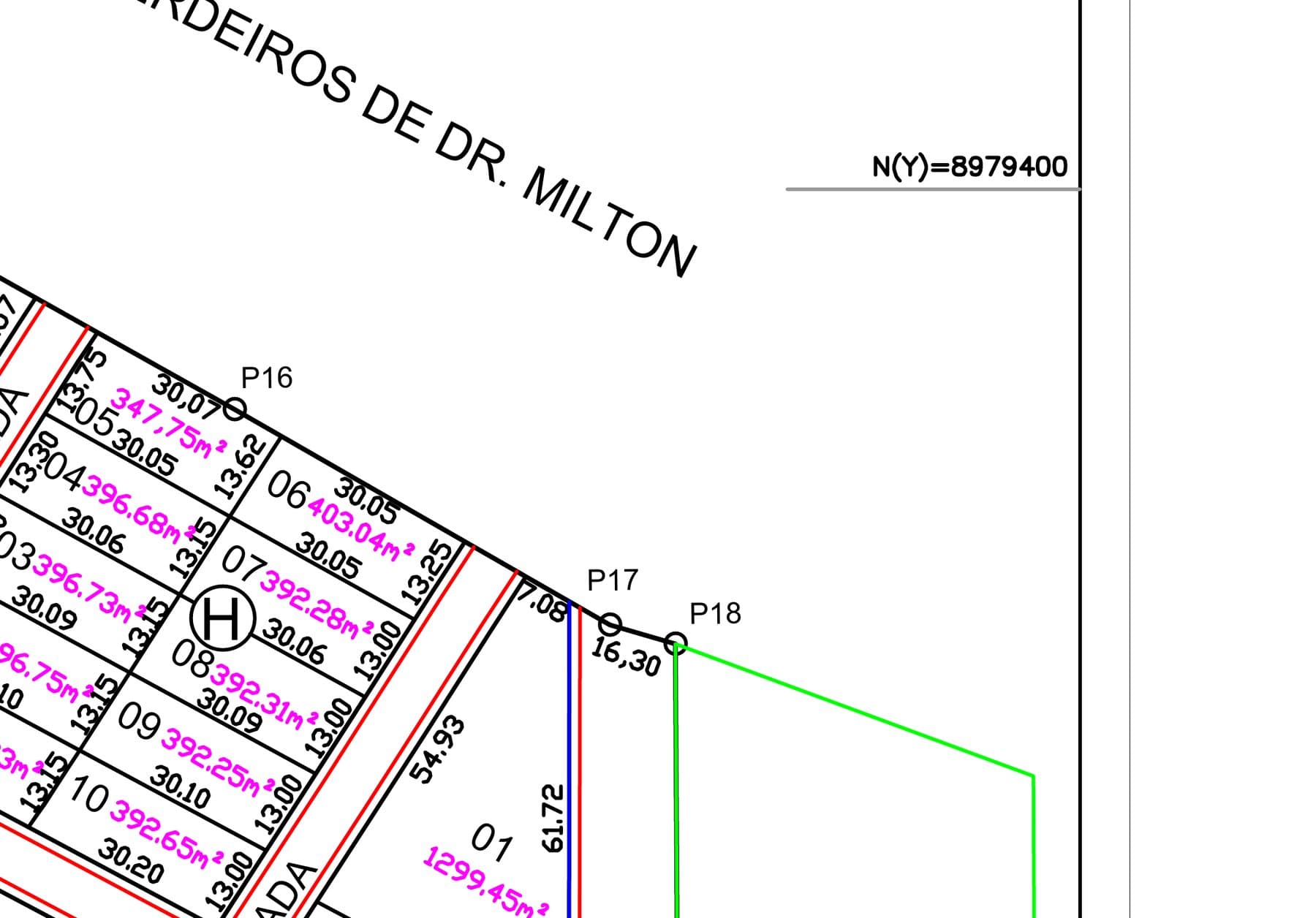 Planta técnica da Quadra H, com a localização do Lote 9