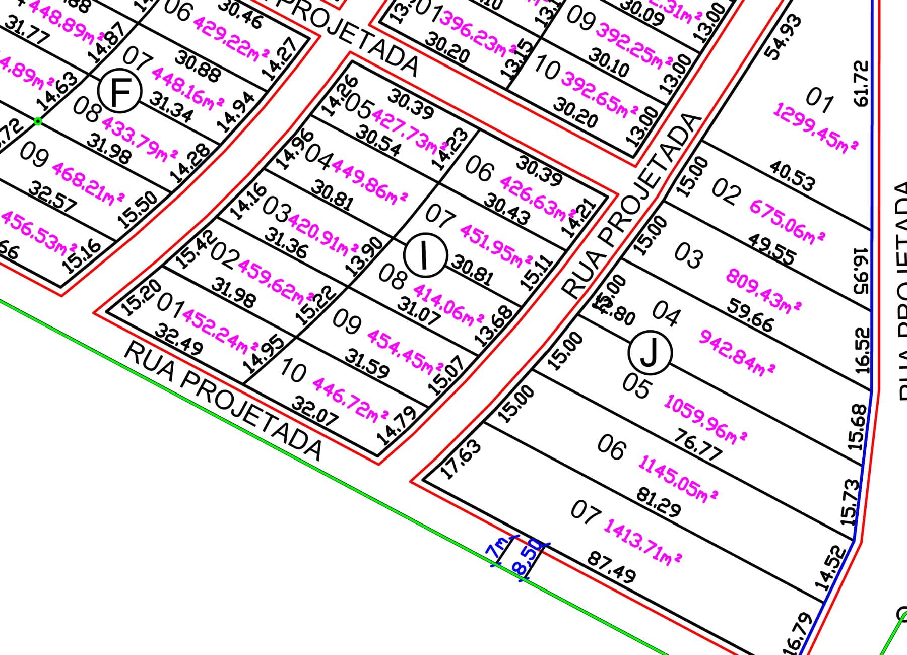 Planta técnica da Quadra I, com a localização do Lote 3